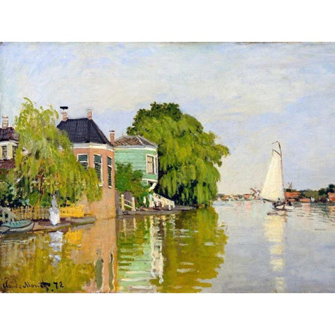 Houses on the Achterzaan Black Modern Wood Framed Art Print by Monet, Claude