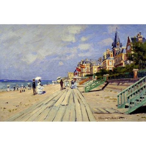 Plage de Trouville Black Modern Wood Framed Art Print by Monet, Claude