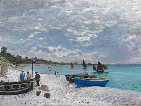 The Beach at Sainte-Adresse White Modern Wood Framed Art Print with Double Matting by Monet, Claude