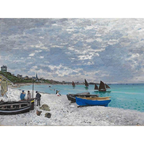 The Beach at Sainte-Adresse Black Modern Wood Framed Art Print with Double Matting by Monet, Claude