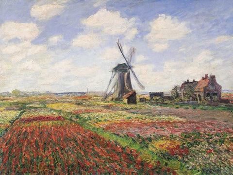 Tulip Fields with Windmill White Modern Wood Framed Art Print with Double Matting by Monet, Claude