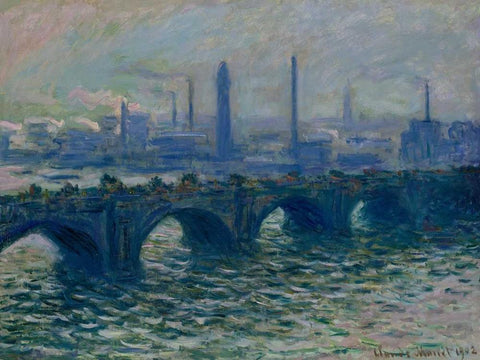 Waterloo Bridge London White Modern Wood Framed Art Print with Double Matting by Monet, Claude