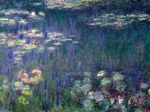 Waterlilies- Green Reflections White Modern Wood Framed Art Print with Double Matting by Monet, Claude