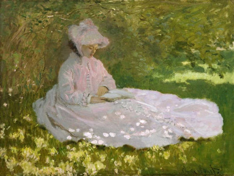 Springtime White Modern Wood Framed Art Print with Double Matting by Monet, Claude