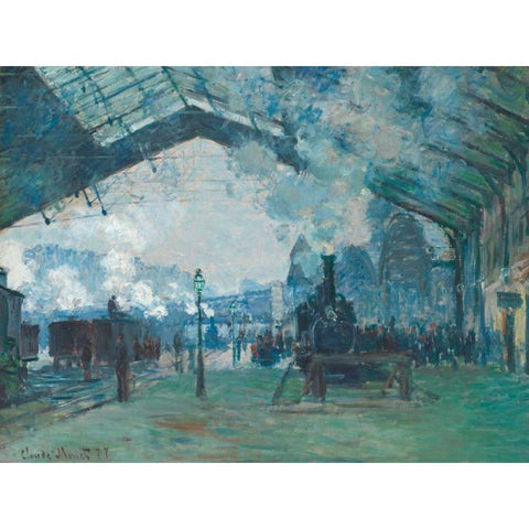 Arrival of the Normandy Train - Gare Saint-Lazare Black Modern Wood Framed Art Print with Double Matting by Monet, Claude