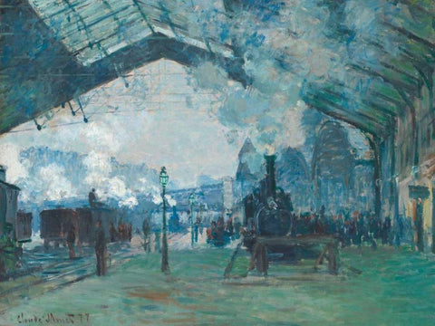 Arrival of the Normandy Train - Gare Saint-Lazare White Modern Wood Framed Art Print with Double Matting by Monet, Claude