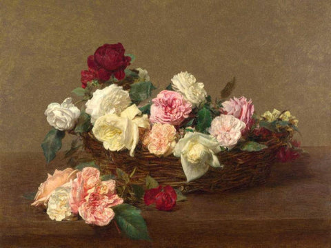 A Basket of Roses Black Ornate Wood Framed Art Print with Double Matting by Fantin-Latour, Henri