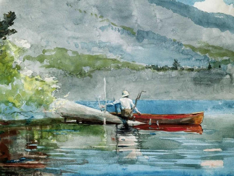 The Red Canoe White Modern Wood Framed Art Print with Double Matting by Homer, Winslow