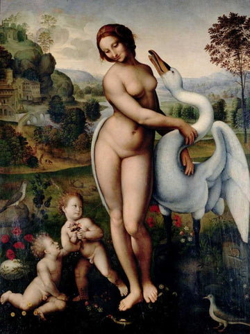Leda and the Swan  Black Ornate Wood Framed Art Print with Double Matting by After Leonardo Da Vinci