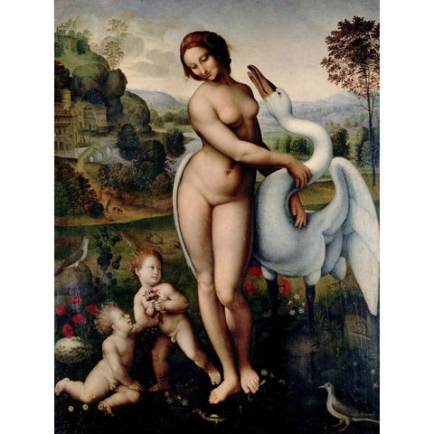 Leda and the Swan  White Modern Wood Framed Art Print by After Leonardo Da Vinci
