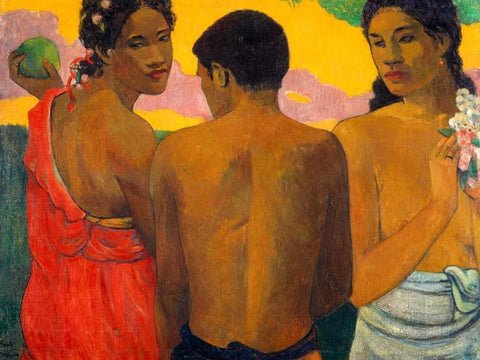 Three Tahitians White Modern Wood Framed Art Print with Double Matting by Gauguin, Paul