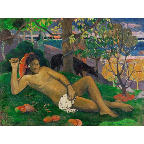 Te arii vahine (The Kings Wife) Gold Ornate Wood Framed Art Print with Double Matting by Gauguin, Paul