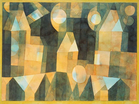 Three Houses and a Bridge White Modern Wood Framed Art Print with Double Matting by Klee, Paul