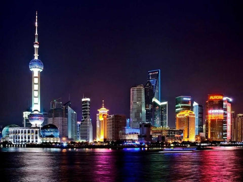 Shanghai at night White Modern Wood Framed Art Print with Double Matting by Ratsenskiy, Vadim