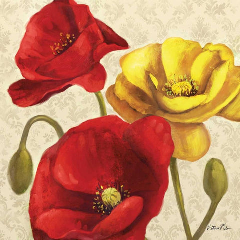Red and Yellow Poppy Damask II White Modern Wood Framed Art Print by Milan, Vittorio