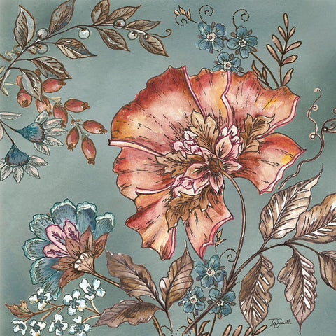 Garden Vines I on Teal Black Ornate Wood Framed Art Print with Double Matting by Tre Sorelle Studios