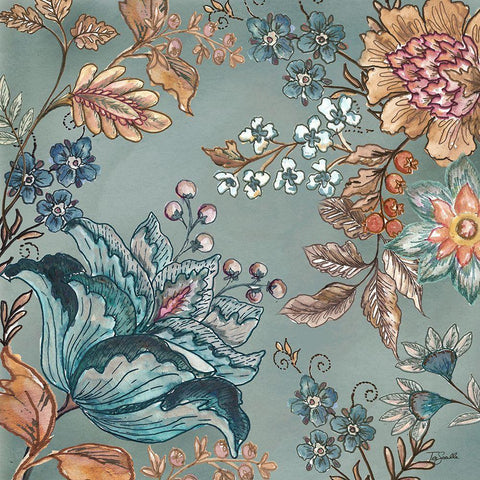 Garden Vines II on Teal Gold Ornate Wood Framed Art Print with Double Matting by Tre Sorelle Studios