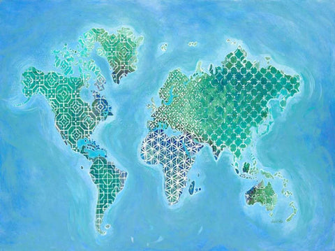 Global Patterned World Map White Modern Wood Framed Art Print with Double Matting by Fisk, Arnie