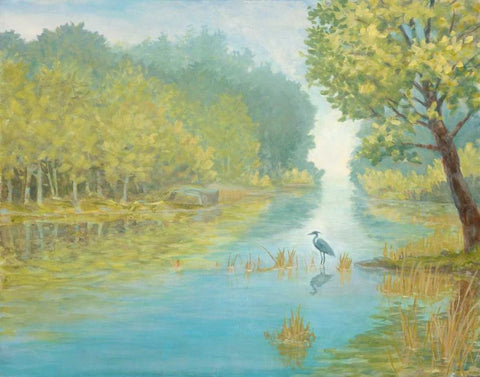 Still Heron Landscape White Modern Wood Framed Art Print with Double Matting by Fisk, Arnie