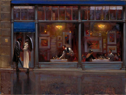 Fifth Avenue Cafe 1  White Modern Wood Framed Art Print with Double Matting by Lynch, Brent