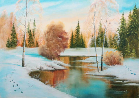 Oil forestlake I White Modern Wood Framed Art Print with Double Matting by Natalia, Gusak