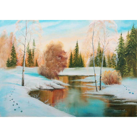 Oil forestlake I White Modern Wood Framed Art Print by Natalia, Gusak