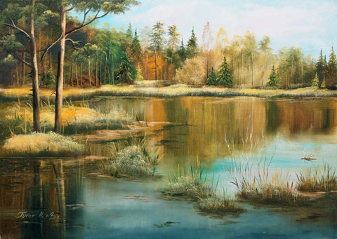 Oil forestlake II Black Ornate Wood Framed Art Print with Double Matting by Natalia, Gusak