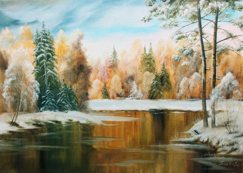 Oil forestlake III Black Ornate Wood Framed Art Print with Double Matting by Natalia, Gusak