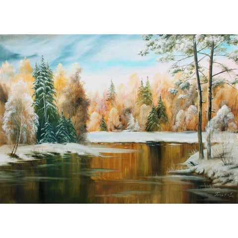 Oil forestlake III White Modern Wood Framed Art Print by Natalia, Gusak