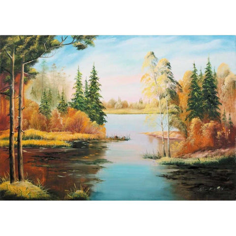 Oil forestlake IV White Modern Wood Framed Art Print by Natalia, Gusak