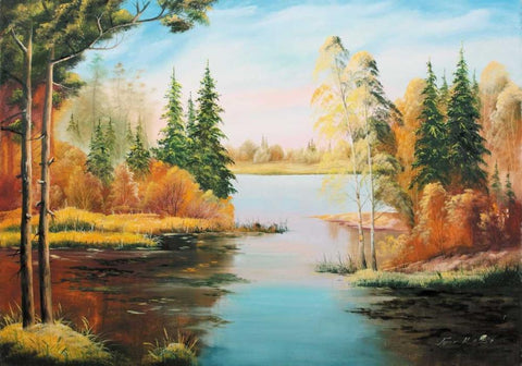 Oil forestlake IV Black Ornate Wood Framed Art Print with Double Matting by Natalia, Gusak
