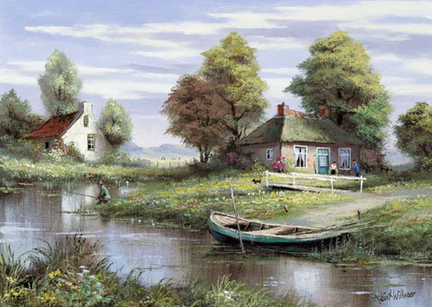 Fishing at the waterside White Modern Wood Framed Art Print with Double Matting by Withaar, Reint