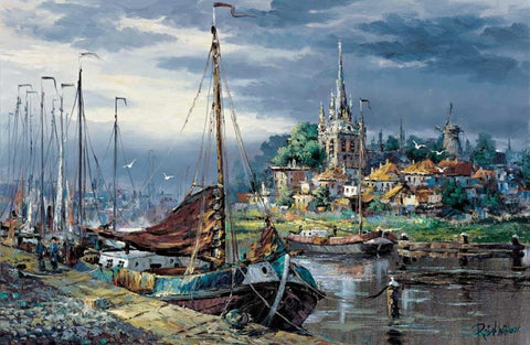 Picturesque harbour view White Modern Wood Framed Art Print with Double Matting by Withaar, Reint