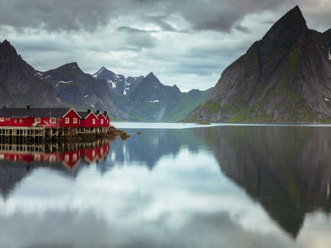 Fishing huts on the waterfront, Lofoten, Norway White Modern Wood Framed Art Print with Double Matting by Frank, Assaf