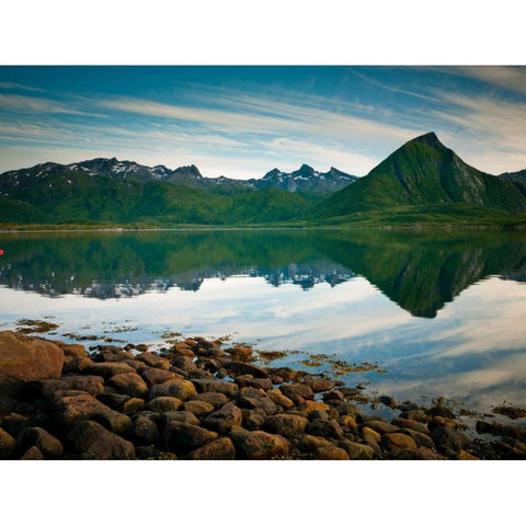 Mountain range by the sea, Lofoten, Norway White Modern Wood Framed Art Print by Frank, Assaf