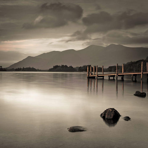 Pier on still lake White Modern Wood Framed Art Print with Double Matting by Frank, Assaf