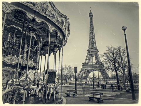 Carousel with the Eiffel tower in the background Black Ornate Wood Framed Art Print with Double Matting by Frank, Assaf