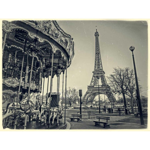Carousel with the Eiffel tower in the background Black Modern Wood Framed Art Print by Frank, Assaf