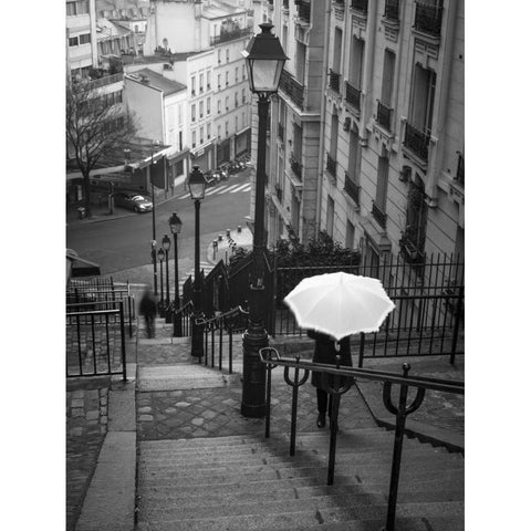 Woman with white umbrella standing on staircase in Montmartre, Paris, France White Modern Wood Framed Art Print by Frank, Assaf