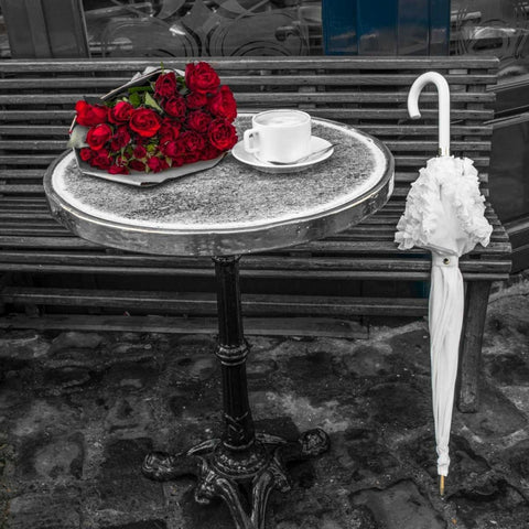 Bunch of flowers on sidewalk cafe table, Paris, France White Modern Wood Framed Art Print with Double Matting by Frank, Assaf