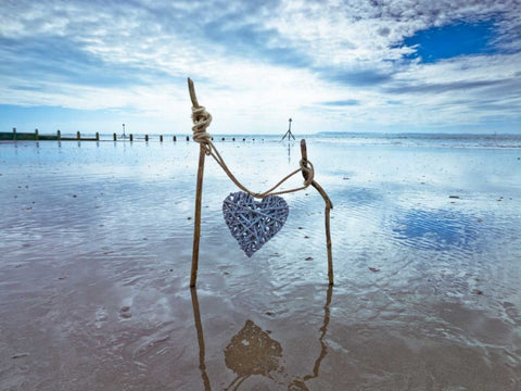 Heart tied up on wooden sticks at the beach White Modern Wood Framed Art Print with Double Matting by Frank, Assaf