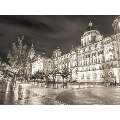 Port of-Building at night, Liverpool Black Modern Wood Framed Art Print by Frank, Assaf