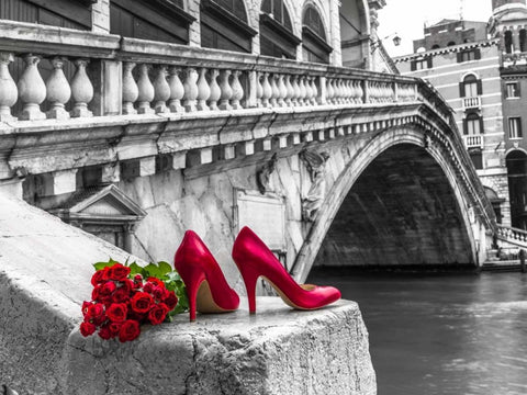 Bunch of red roses and red high heel shoes, Rialto Bridge, Venice, Italy White Modern Wood Framed Art Print with Double Matting by Frank, Assaf