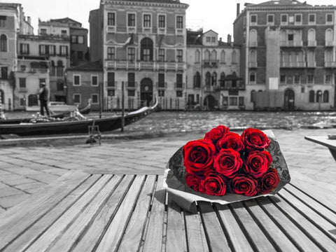 Bunch of red roses on street cafe table near canal, Venice, Italy Black Ornate Wood Framed Art Print with Double Matting by Frank, Assaf