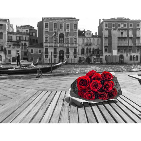 Bunch of red roses on street cafe table near canal, Venice, Italy Black Modern Wood Framed Art Print by Frank, Assaf