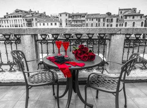 Bunch of Roses with wine glasses and female hand gloves on cafe table, Venice, Italy White Modern Wood Framed Art Print with Double Matting by Frank, Assaf