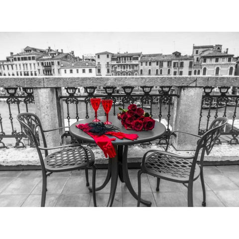 Bunch of Roses with wine glasses and female hand gloves on cafe table, Venice, Italy Black Modern Wood Framed Art Print by Frank, Assaf