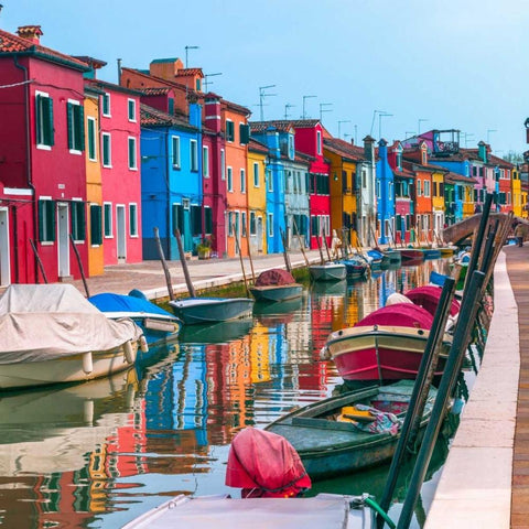 Multi-Coloured houses next to a canal, Burano, Italy Black Modern Wood Framed Art Print by Frank, Assaf