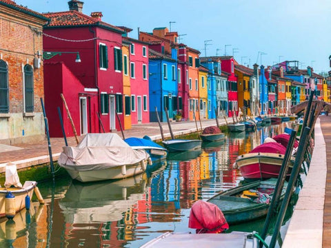 Multi-Coloured houses next to a canal, Burano, Italy Black Ornate Wood Framed Art Print with Double Matting by Frank, Assaf