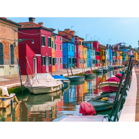 Multi-Coloured houses next to a canal, Burano, Italy Black Modern Wood Framed Art Print by Frank, Assaf